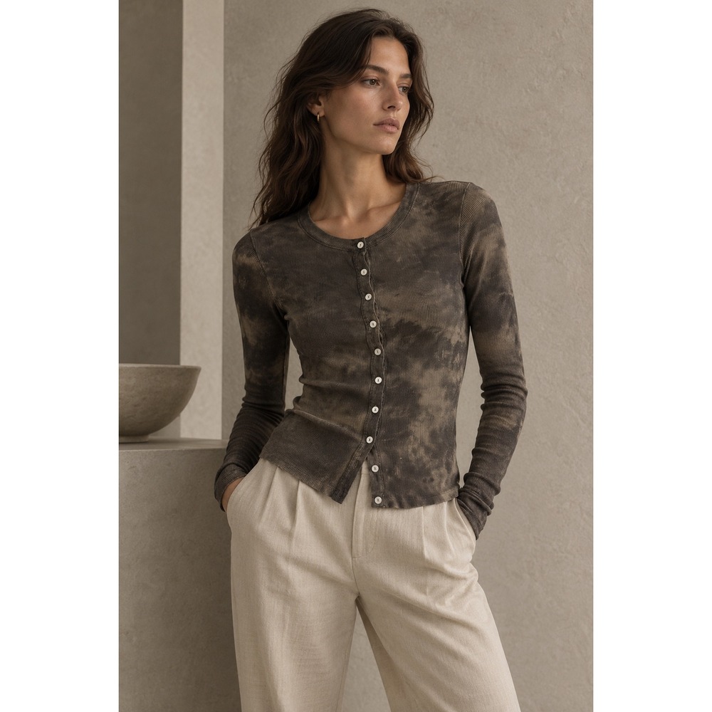Enza Costa Cardigan Women S Brown Tie Dye Ribbed Button Front Mushroom Wash